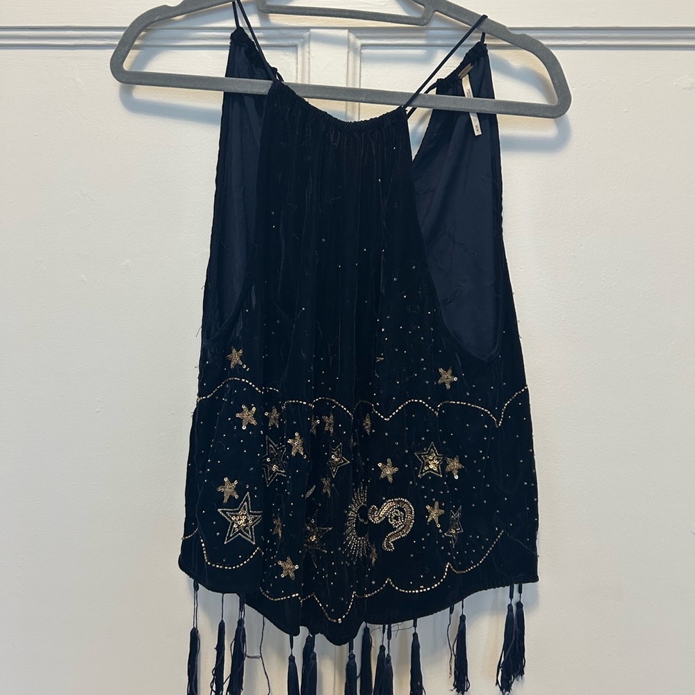 Free people Blue and Gold Embroidered velvet Tank Top